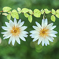 Gold-accented natural flower dangle earrings, 'Chic Water Lily' - 22k Gold-Accented Resin-Coated Water Lily Dangle Earrings