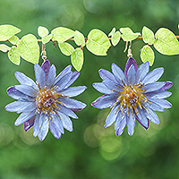 Gold-accented natural flower dangle earrings, 'Chic Purple Water Lily' - Gold-Accented Resin-Coated Purple Water Lily Dangle Earrings