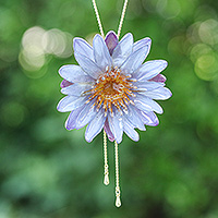 Gold-accented natural flower lariat necklace, 'Chic Purple Water Lily' - Gold-Accented Resin-Coated Purple Water Lily Lariat Necklace