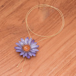 Gold-accented natural flower lariat necklace, 'Chic Purple Water Lily' - Gold-Accented Resin-Coated Purple Water Lily Lariat Necklace