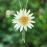 Gold-accented natural flower lariat necklace, 'Chic Ivory Water Lily' - Resin-Coated Flower Lariat Necklace with Gold-Plated Chain