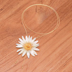 Gold-accented natural flower lariat necklace, 'Chic Ivory Water Lily' - Resin-Coated Flower Lariat Necklace with Gold-Plated Chain