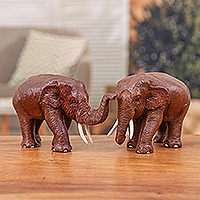 Wood sculptures, 'Forever Love' (pair) - 2 Wood Sculptures of Elephants with their Trunks Up and Down