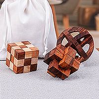 Wood puzzles, 'Time to Play' (set of 3) - Set of Three Wood Puzzles with Cotton Pouch from Thailand