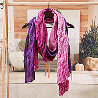 Cotton scarf, 'Vibrant Caprice' - Hand-Spun Wrinkled Cotton Scarf Dyed in Magenta and Pink