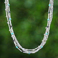 Silver beaded necklace, 'Happy Hill Tribe' - Hill Tribe-Themed Silver and Recon Turquoise Beaded Necklace