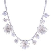 Silver beaded charm necklace, 'Celestial Blooms' - Matte-Finished Heart and Flower-Themed Silver Charm Necklace