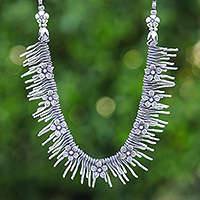 Silver beaded waterfall necklace, 'Blooming Cascade' - Spring-Themed Oxidized Sterling Silver Waterfall Necklace