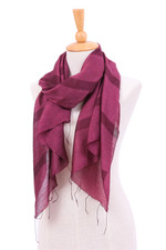 Hand-dyed cotton and silk blend scarf, 'Bordeaux Touch' - Striped Bordeaux Cotton and Silk Blend Scarf with Fringes