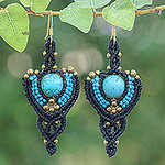 Thai Artisan-Made Howlite and Brass Macrame Dangle Earrings, 'Serene Arts'