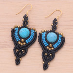 Howlite and brass macrame dangle earrings, 'Serene Arts' - Thai Artisan-Made Howlite and Brass Macrame Dangle Earrings