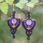 Amethyst and brass macrame dangle earrings, 'Wise Arts' - Folk Art-Inspired Amethyst and Brass Macrame Dangle Earrings