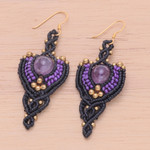 Amethyst and brass macrame dangle earrings, 'Wise Arts' - Folk Art-Inspired Amethyst and Brass Macrame Dangle Earrings