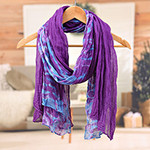 2 Tie-Dyed Handwoven Batik Cotton Scarves in Purple and Blue, 'Mangosteen Colors'