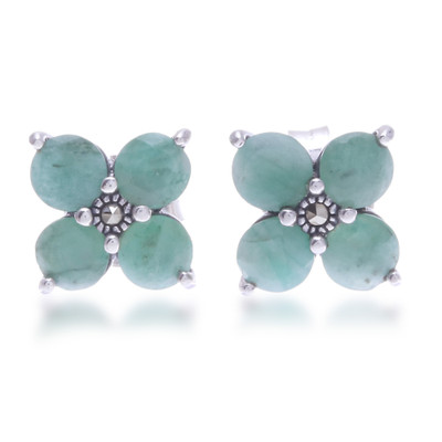 Emerald and marcasite stud earrings, 'Chic Petals' - Floral-Themed Emerald Marcasite Silver Stud Earrings