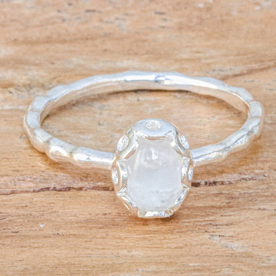Rainbow moonstone solitaire ring, 'Luminous Branch' - Sterling Silver Solitaire Ring with Oval Rainbow Moonstone
