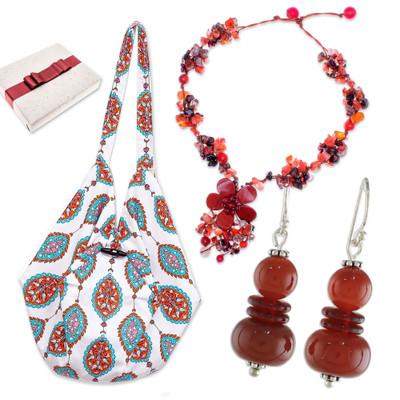 Curated gift set, 'Lively Look' - Multi-Gemstone Necklace Earrings and Bag Curated Gift Set