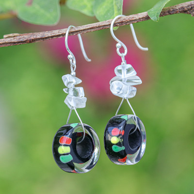Blown glass and quartz beaded dangle earrings, 'Bold Wheels' - Vibrant Handblown Glass Dangle Earrings with Quartz Chips