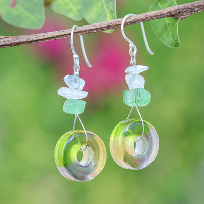 Blown glass and quartz beaded dangle earrings, 'Ethereal Wheels' - Handblown Glass Dangle Earrings with Bright Quartz Chips