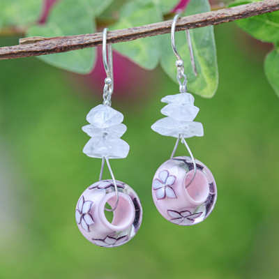 Blown glass and quartz beaded dangle earrings, 'Blooming Forever' - Spring-Themed Glass and Quartz Pink Beaded Dangle Earrings