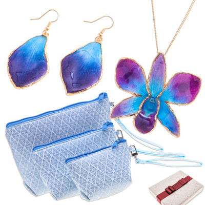Curated gift set, 'Blue Enchantment' - 3 Bags and Natural Flower Necklace Earrings Curated Gift Set