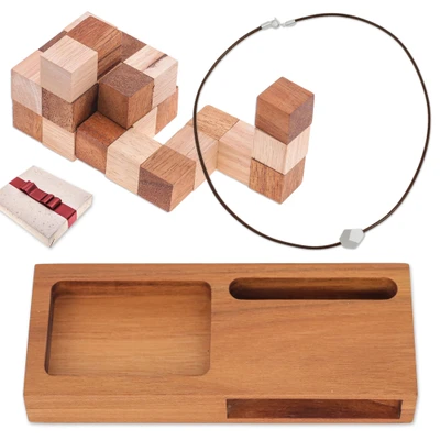 Men's curated gift set, 'Fun and Flair' - Silver Necklace Wood Speaker Puzzle Men's Curated Gift Set