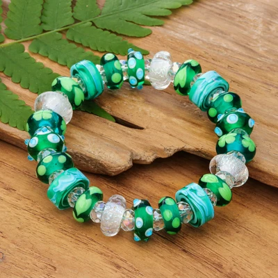 Blown Glass Crystal Beaded Stretch Bracelet in Green Shade, 'Verdant Spell'