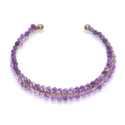 Amethyst beaded cuff bracelet, 'Life of Wisdom' - Purple Amethyst Beaded Cuff Bracelet Handmade in Thailand