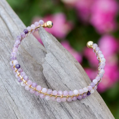 Amethyst beaded cuff bracelet, 'Life of Enchantment' - Lavender Amethyst Beaded Cuff Bracelet Handmade in Thailand