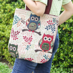 Cotton blend shoulder bag, 'Morning Hoots' - Beige and Burgundy Owl-Themed Cotton Blend Shoulder Bag