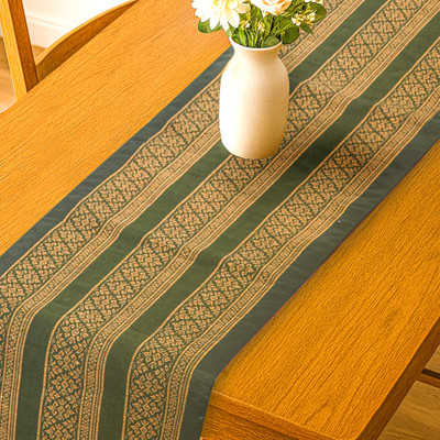 Silk and cotton table runner, 'Golden Jungle' - Traditional Green and Yellow Cotton and Silk Table Runner