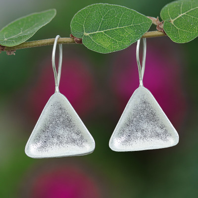 Silver drop earrings, 'Geometric Triangular Charm' - Modern Matte 950 Silver Drop Earrings with Triangle Design