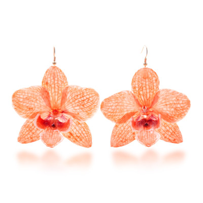 Gold-accented natural flower statement earrings, 'Natural Feeling in Peach' - Resin-Coated Orange Orchid Gold-Accented Statement Earrings