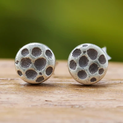 Sterling silver stud earrings, 'Nailhead Inspiration' - Sterling Silver Stud Earring with Oxidized Dot Accents