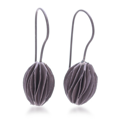 Silver drop earrings, 'Precious Flower Bud' - Darkened Modern Textured Silver Floral Bud Drop Earrings