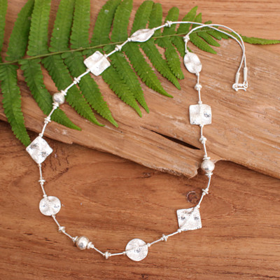 Silver station beaded necklace, 'Classic Light' - Hammered and Polished 950 Silver Station Beaded Necklace