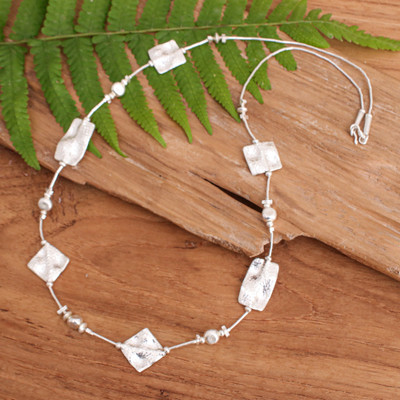 Silver station beaded necklace, 'Vestiges of Light' - Thai Handmade Hammered 950 Silver Station Beaded Necklace