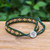 Glass beaded wristband bracelet, 'Peace at the Forest' - Green and Purple Glass Bead and Leather Wristband Bracelet