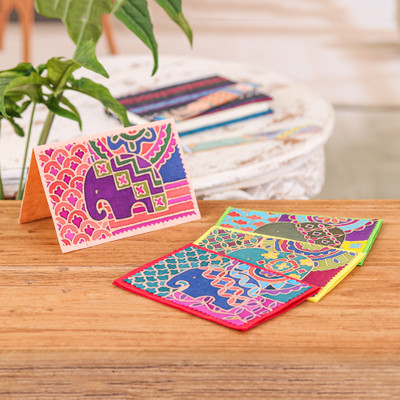 Batik cotton and paper greeting cards, 'Charming Salutations' (set of 4) - 4 Elephant-Themed Batik Cotton and Paper Greeting Cards