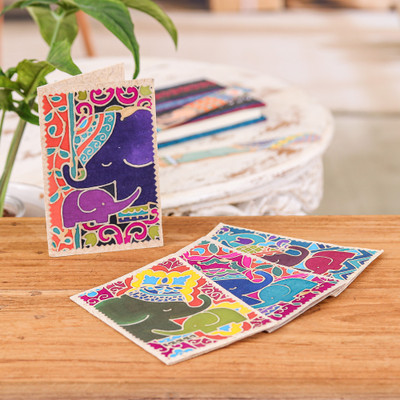 Batik cotton and paper greeting cards, 'Delightful Salutations' (set of 4) - 4 Batik Cotton and Paper Greeting Cards with Elephant Motif