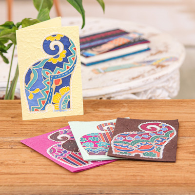 Batik cotton and paper greeting cards, 'Lovely Salutations' (set of 4) - Set of 4 Colorful Elephant Batik Cotton Paper Greeting Cards