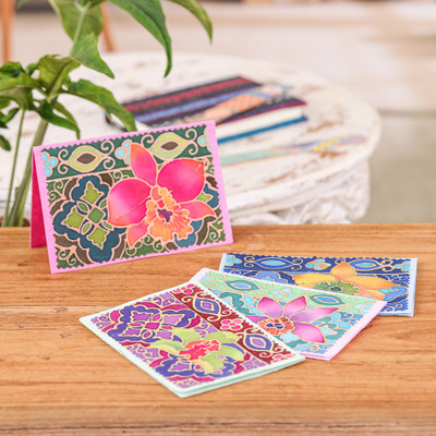 Batik cotton and paper greeting cards, 'Floral Salutations' (set of 4) - Set of 4 Floral-Themed Batik Cotton and Paper Greeting Cards