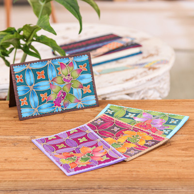 Batik cotton and paper greeting cards, 'Cattleya Salutations' (set of 4) - 4 Batik Cotton and Paper Greeting Cards with Floral Motifs