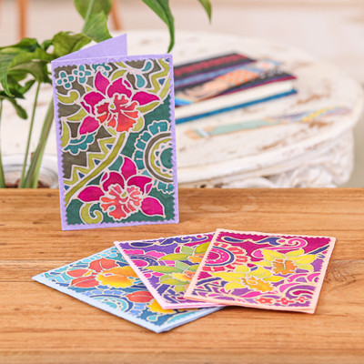 Batik cotton and paper greeting cards, 'Blooming Salutations' (set of 4) - Floral-Themed Batik Cotton Paper Greeting Cards (Set of 4)