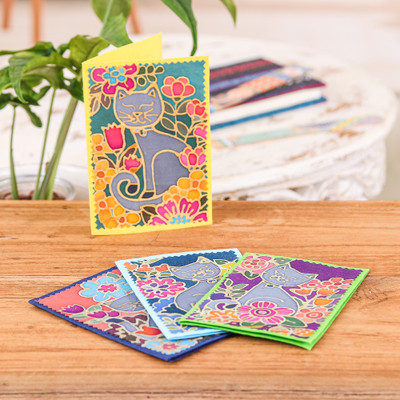Batik cotton and paper greeting cards, 'Feline Salutations' (set of 4) - 4 Batik Cotton and Paper Greeting Cards with Cat Designs