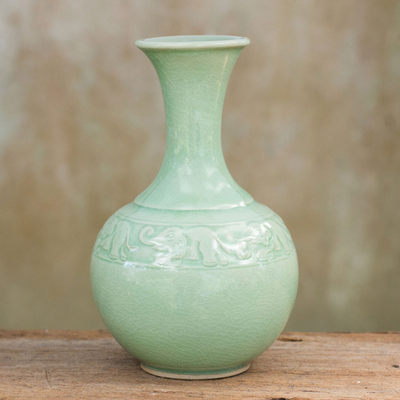 Celadon ceramic vase, 'Traveling Elephants' - Handcrafted Celadon Ceramic Vase