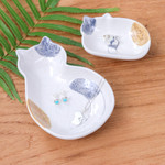 Ceramic catchalls, 'Feline Family' (pair) - 2 Abstract Cat-Themed Whimsical Glazed Ceramic Catchalls