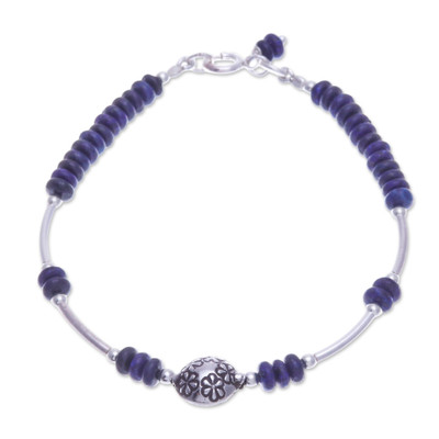 Lapis lazuli beaded bracelet, 'Daisy Crown in Blue' - Sterling and Karen Silver Blue Lapis Lazuli Beaded Bracelet