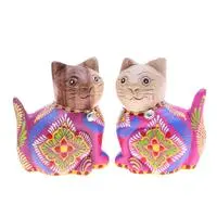 Wood figurines, 'Celebratory Meows' (set of 2) - Folk Art-Themed Hand-Painted 2-Piece Wood Cat Figurine Set