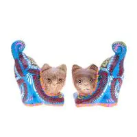 Wood figurines, 'Feline Waves' (set of 2) - Artisan-Made 2-Piece Painted Raintreed Wood Cat Figurine Set